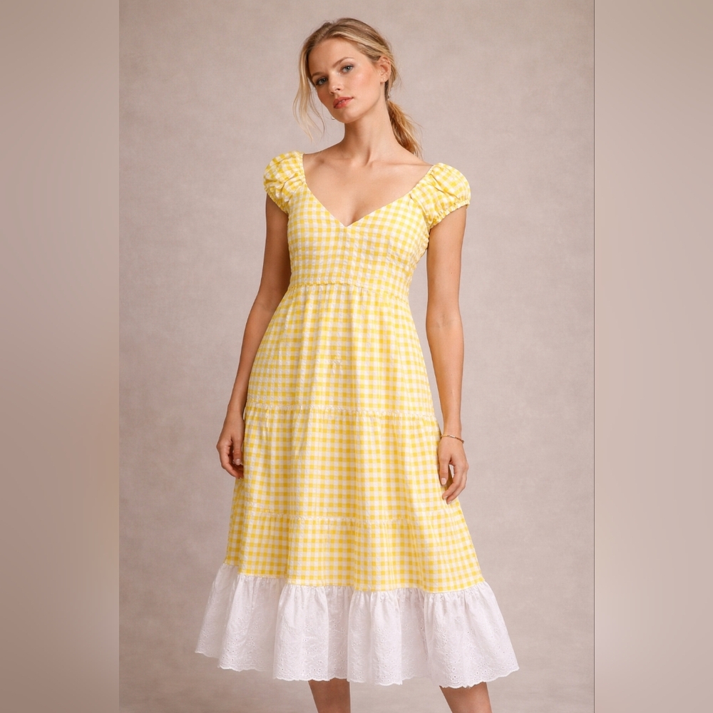 Refashioned Yellow Gingham Midi Sundress with Eyelet Ruffle Hem